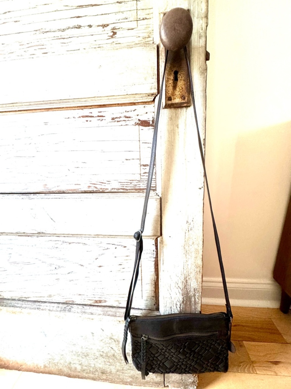 Day & Mood Black Woven Leather Crossbody Bag (like new)